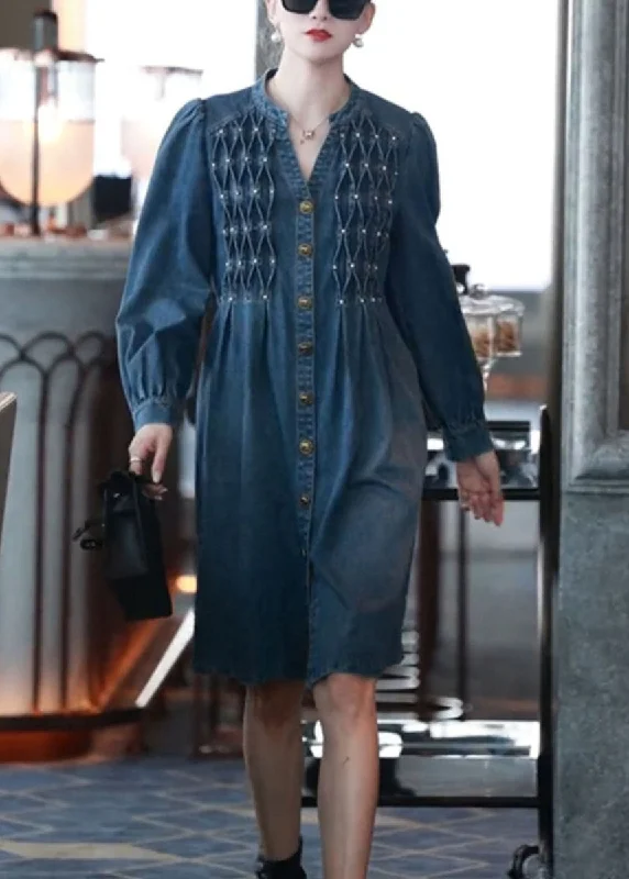 Short-sleeved dresses for womenStyle Denim Blue V Neck Patchwork Nail Bead Holiday Long Dress Fall