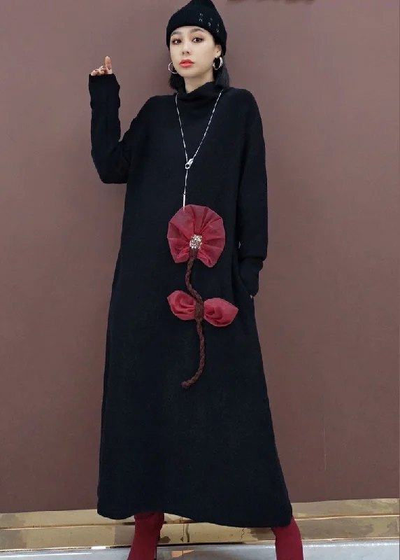 Capsule collection women's sweaterVintage Black Turtle Neck Floral Knit Knit Sweater Dress Spring