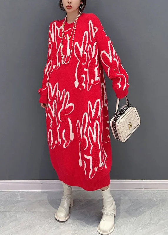 Maternity women's sweaterBoho Red O Neck Animal Jacquard Knit Sweater Dress Winter