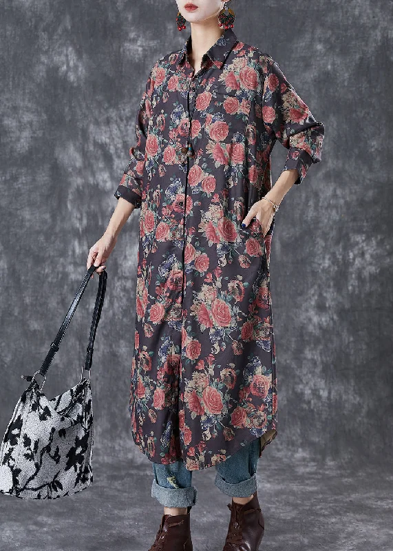 Handmade dresses for unique fashion statementsFrench Black Oversized Rose Print Cotton Shirt Dresses Fall