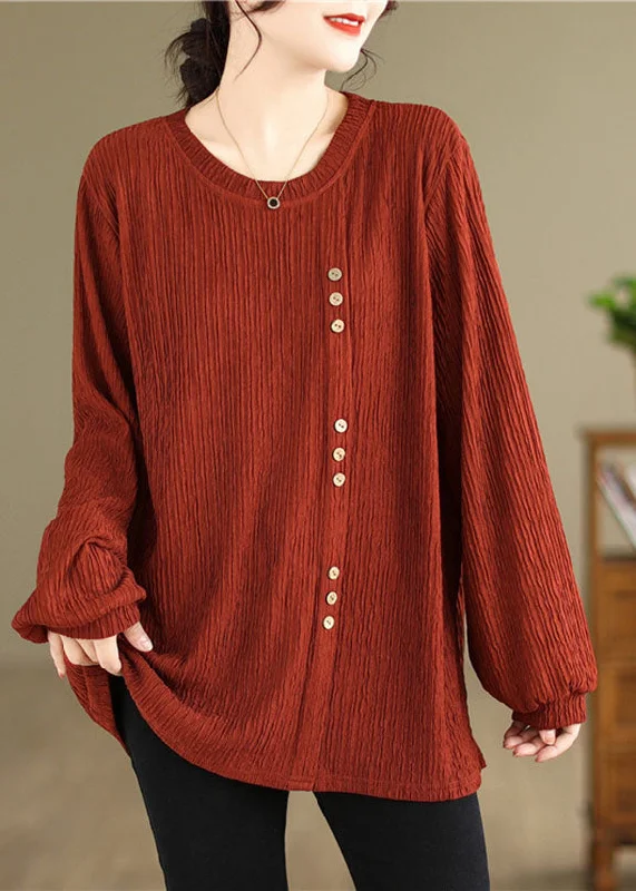 Spaghetti strap women's topsJacquard Orange Button Cozy T Shirt Fall