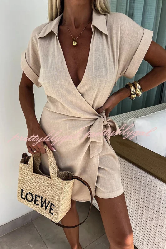 Halter neck women's topsRelaxing Beach Linen Blend Solid Color Wrap Loose Shirt Romper
