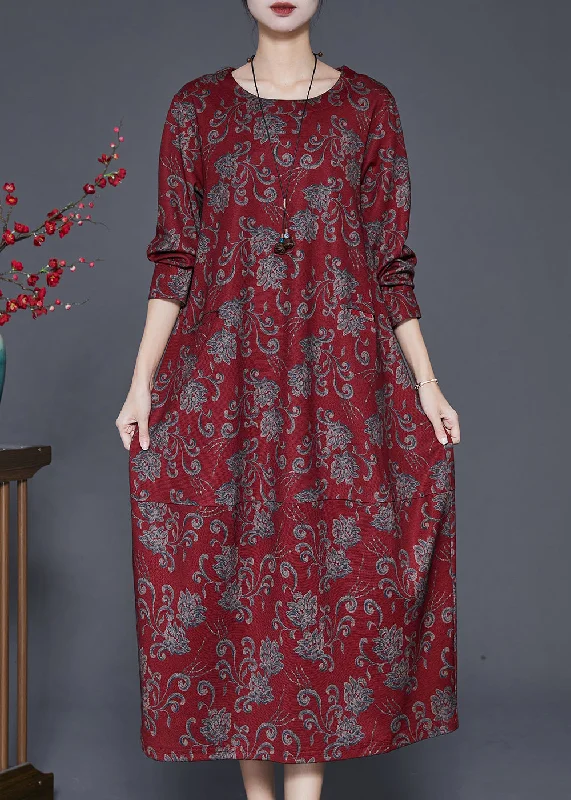 Petite dresses for womenRed Print Cotton Long Dresses O-Neck Oversized Fall