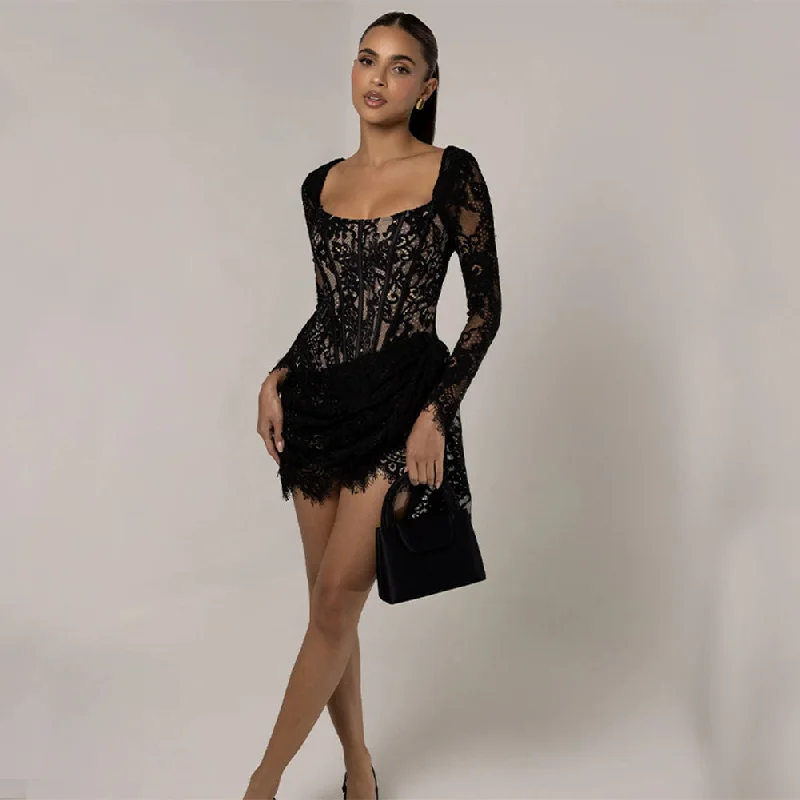 High-neck dresses for womenSquare Collar Long Sleeve Lace Mini Dress ZNSBA1246