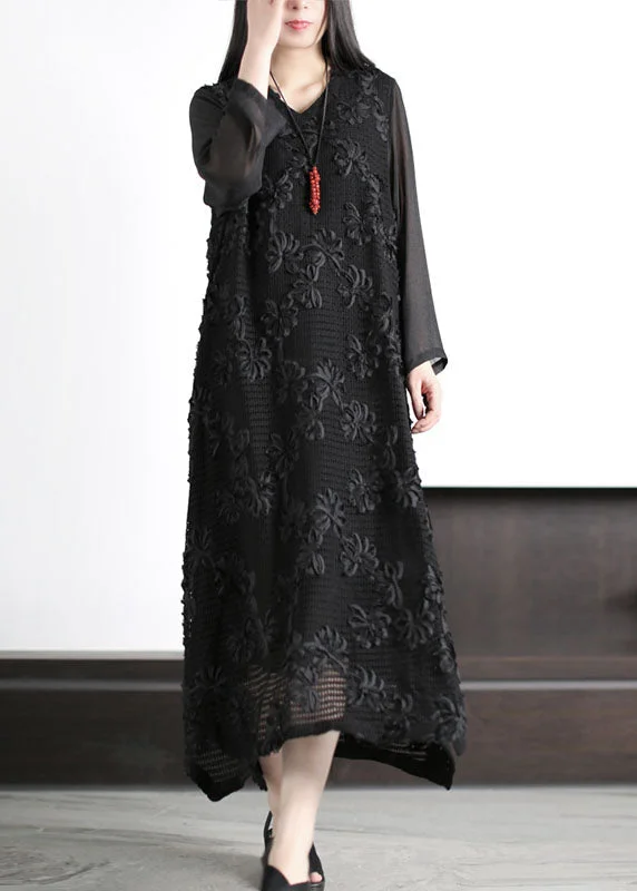 Low-cut dresses for womenItalian Black V Neck Floral Hollow Out Patchwork Cotton Dress Long Sleeve