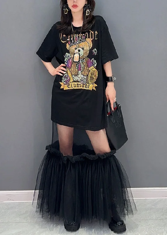 Sweetheart neckline dresses for womenStyle Black Tulle Ruffled Cartoon print Patchwork Cotton Dress Summer
