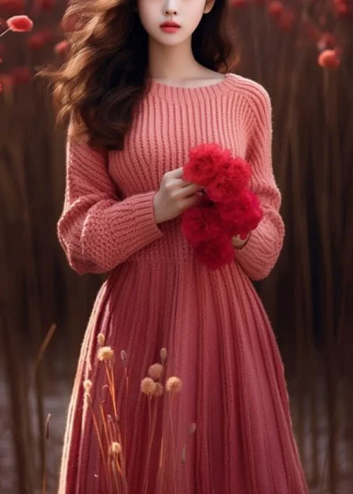 Crop top women's sweaterElegant Pink O Neck High Waist Solid Knit Sweater Dress Winter