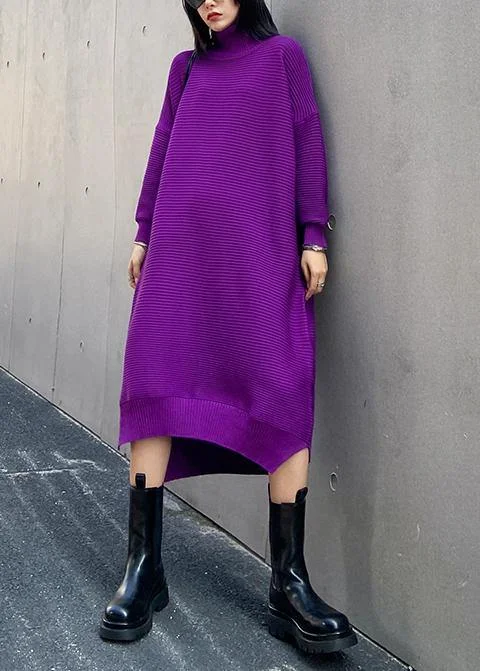 Charcoal grey women's sweaterChunky high neck low high design Sweater fall weather Upcycle purple oversized knitted dress