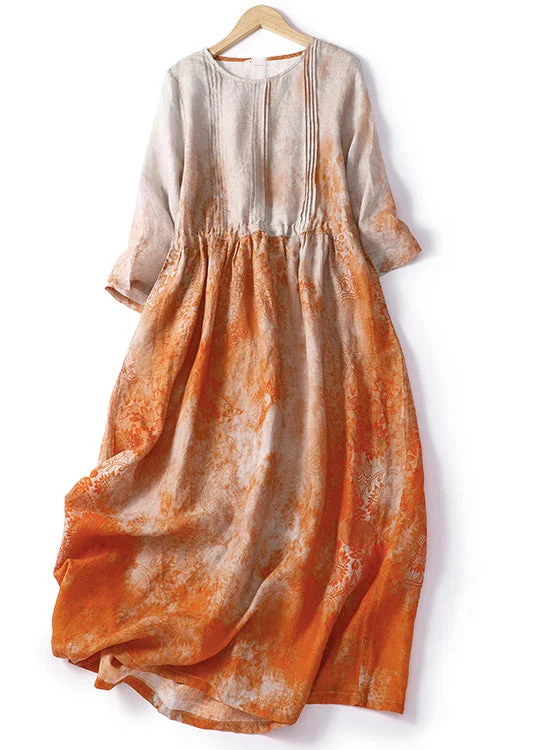 Long-sleeved dresses for womenItalian Orange Print Patchwork Drawstring Linen Long Dresses Summer