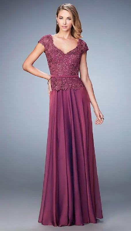 women's suit sets for winterLa Femme - Rosette Peplum Chiffon Gown 23085SC - 1 pc Marine Blue in Size 16 Available