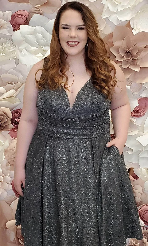 women's suit sets with cotton liningsSydney's Closet SC8108 - V-Neck Shimmer Cocktail Dress