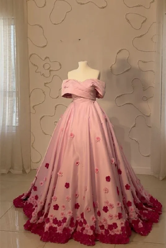 Workwear women's dressesPink Gorgeous Exquisite Floral Appliques Long Floor Length Satin Ball Gown Evening Dress gh3380