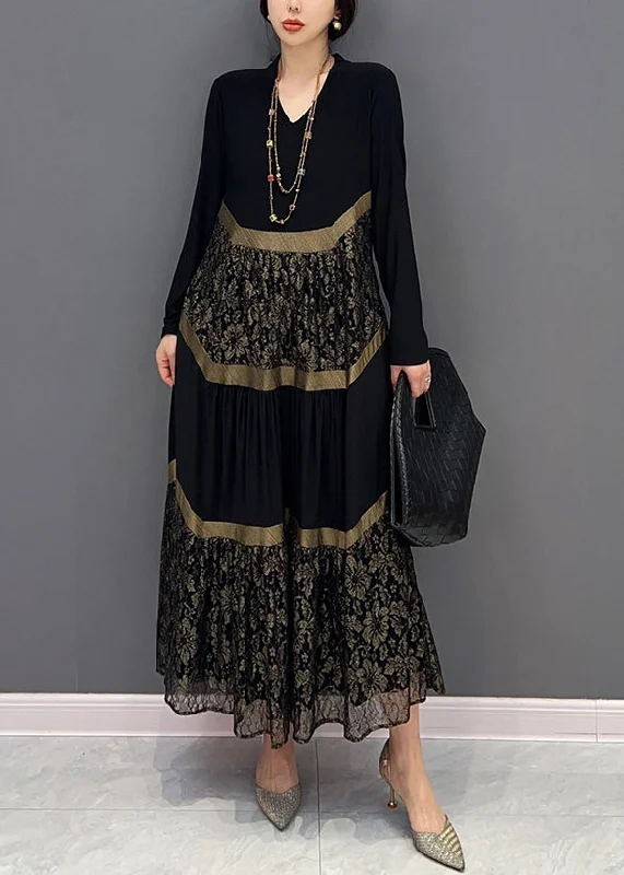 Striped dresses for womenChic Black V Neck Print Tulle Patchwork Cotton Dresses Fall