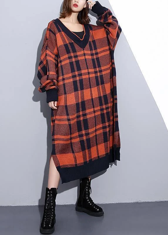 Gym women's sweaterCozy orange plaid Sweater weather Design v neck side open Art knit dresses