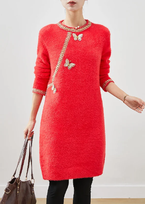 Ripped and distressed women's sweaterBeautiful Red Butterfly Knit Sweater Dress Winter