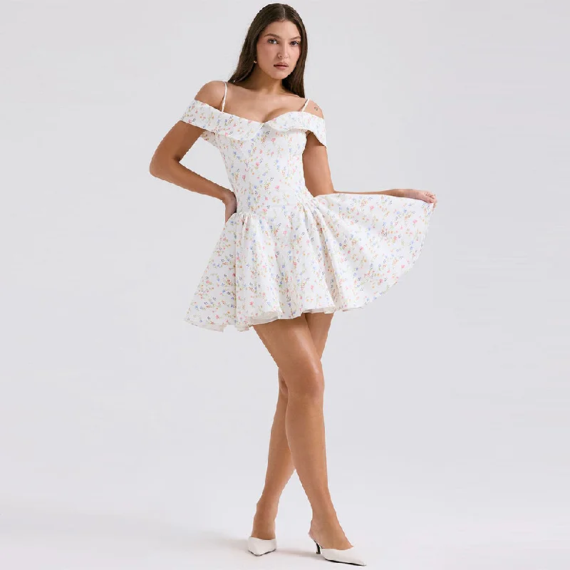 Handmade dresses for unique fashion statementsOff Shoulder Sleeveless Floral Mini Dress ZNSBA1022