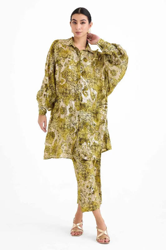 Embroidered women's topsSequin Embellished Green Cuff Shirt Co-Ord Set