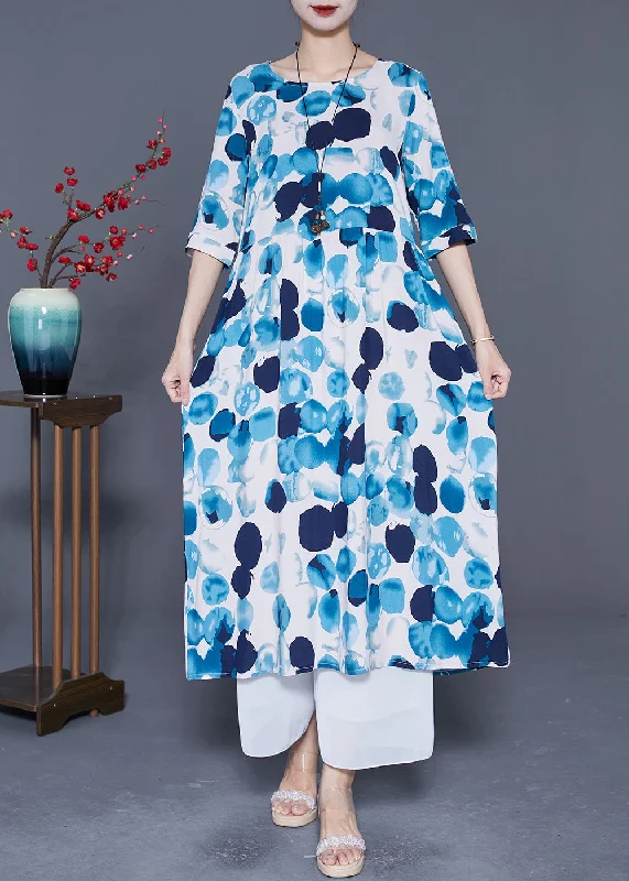 Chiffon dresses for womenBlue Circle Print Loose Cotton Long Dresses Exra Large Hem Summer