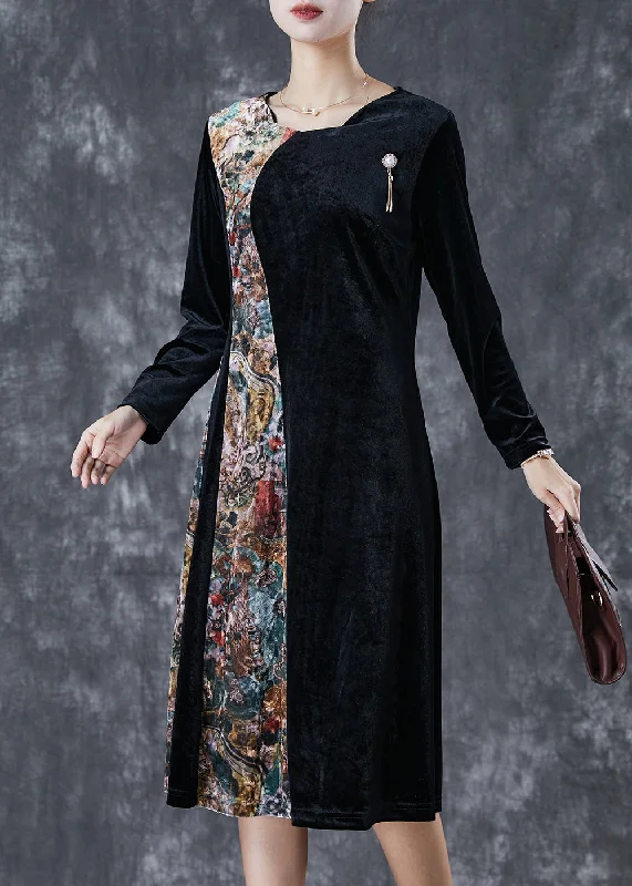 Flowy dresses for womenBeautiful Black Exra Large Hem Patchwork Silk Velour Vacation Dresses Fall