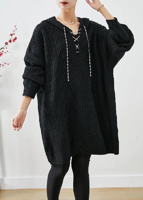 Elegant women's sweaterBlack Loose Knit Long Sweater Dress Hooded Fall