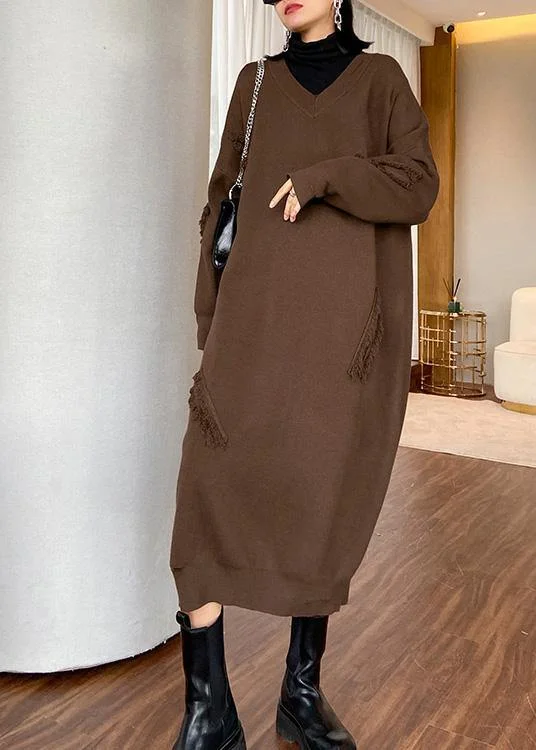 Chic women's sweaterFor Work v neck baggy Sweater dress outfit Moda chocolate Funny knitted dress