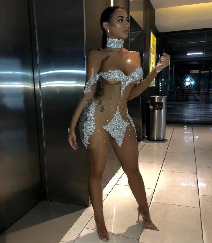 High-low hem dresses for womenSexy See Through Party Dress Silver Sequin Mini Cocktail Gowns African Short Prom Dress Long Sleeves Evening Occasion Gowns