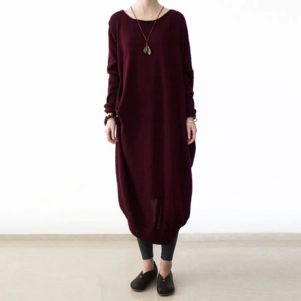 A-line women's sweatervintage burgundy knit dresses fall fashion o neck pullover women low high design long knit sweaters