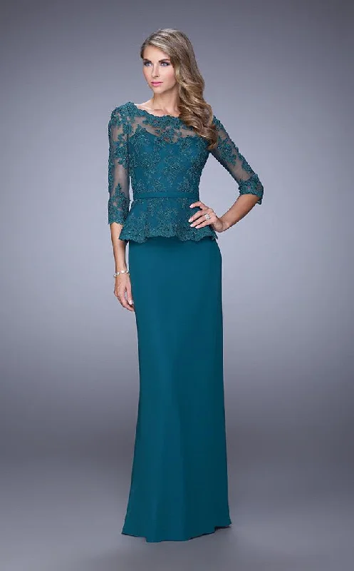 Petite dresses for womenLa Femme - 21709 Floral Lace Bateau Quarter Length Sleeves Long Dress
