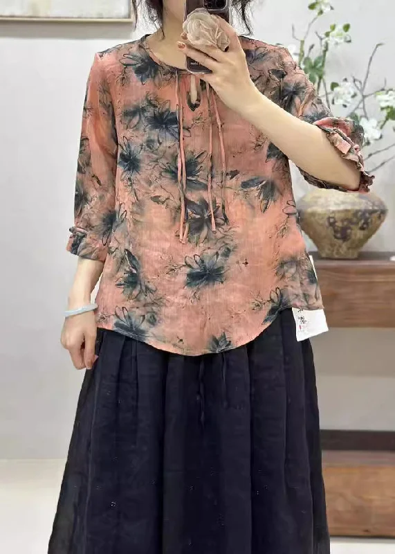 Ruffled women's topsElegant Pink Print Button Linen T Shirts Half Sleeve