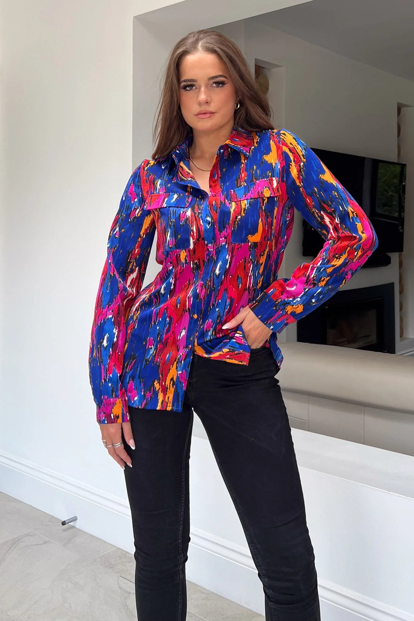 Mustard yellow women's topsHollie Multi Abstract Print Pocket Button Shirt
