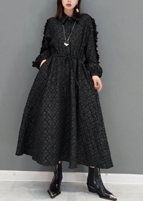 Plus-size dresses for womenFashion Black Ruffled Jacquard Patchwork Cotton Long Dress Fall