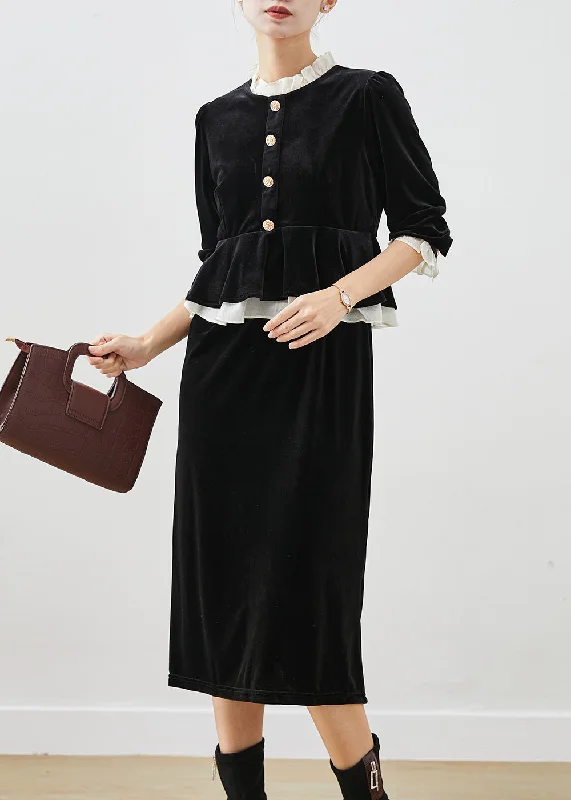 Ruched dresses for womenStyle Black Ruffled Patchwork Silk Velour Dresses Fall