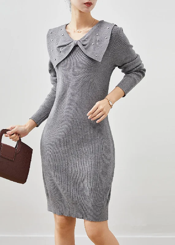 Lace-up women's sweaterBeautiful Grey Butterfly Collar Silm Fit Knit Sweater Dress Spring