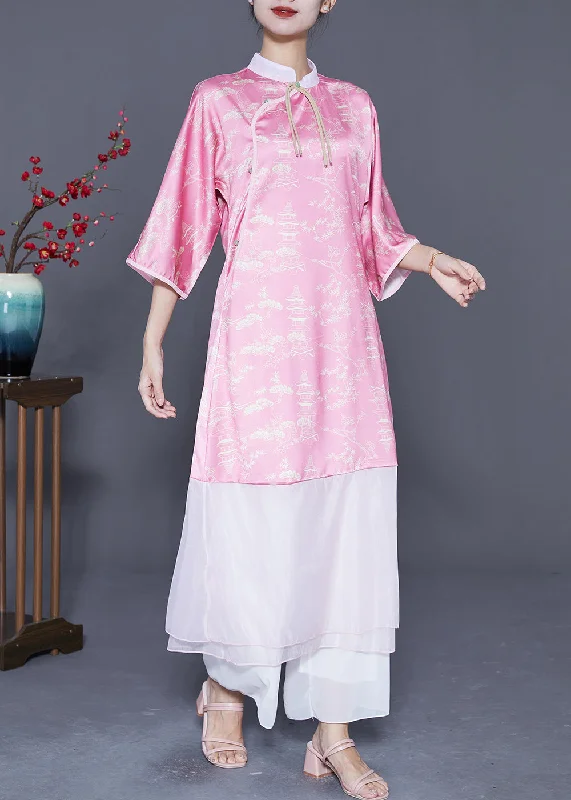 Checkered dresses for womenWomen Pink Mandarin Collar Patchwork Tassel Silk Long Dresses Summer
