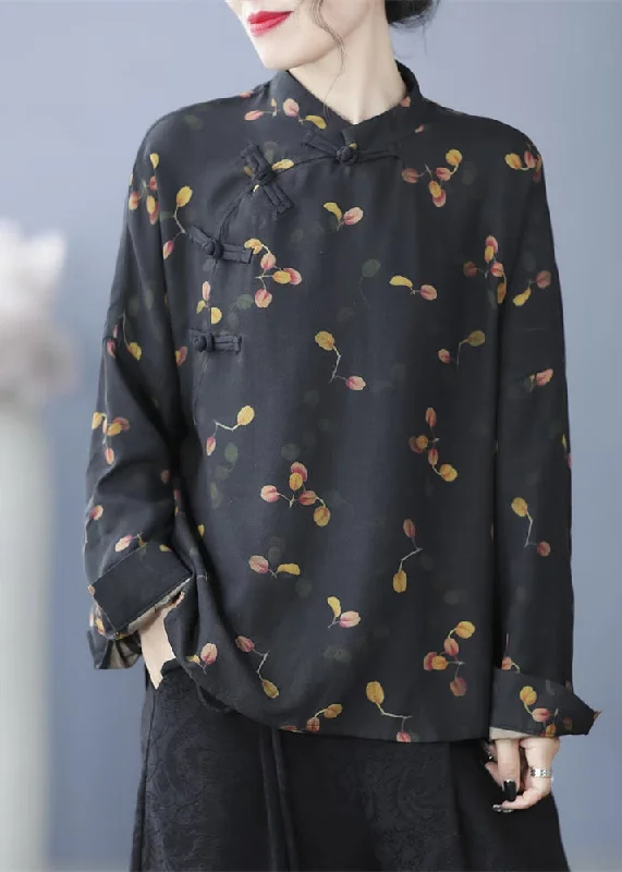 V-neck women's topsRetro Black Stand Collar Print Button Shirt Long Sleeve