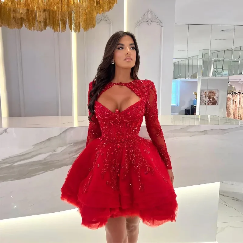 Satin dresses for womenLuxurious Red Crystal Long Sleeve Prom Dresses Saudi Arabia Short Birthday Dress Sweetheart Mini Cocktail Gowns
