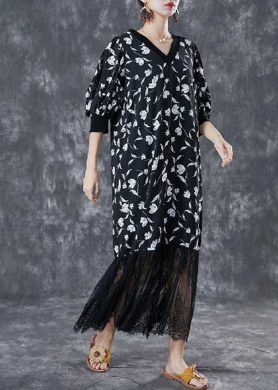 Custom-made dresses for personalized fitsStylish Black V Neck Lace Patchwork Print Chiffon Dresses Summer