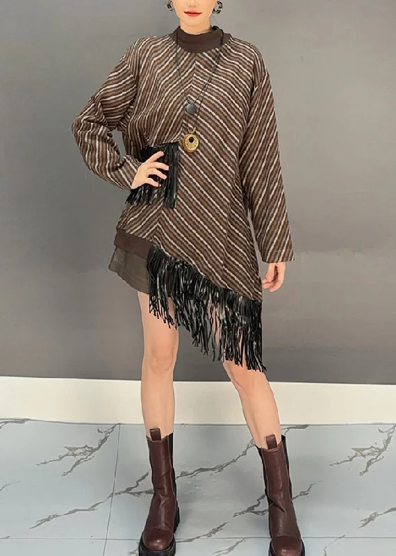 V-neck women's sweaterBohemian Brown O-Neck Asymmetrical Tassel Wool Knit Long Sweater Dress Winter