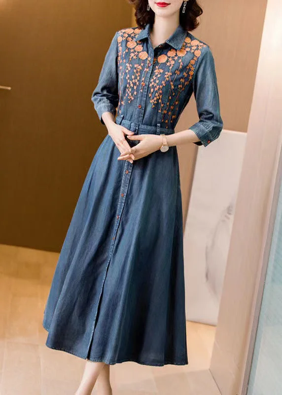Midi dresses for womenFitted Blue Embroidered Tie Waist Patchwork Denim Dress Bracelet Sleeve