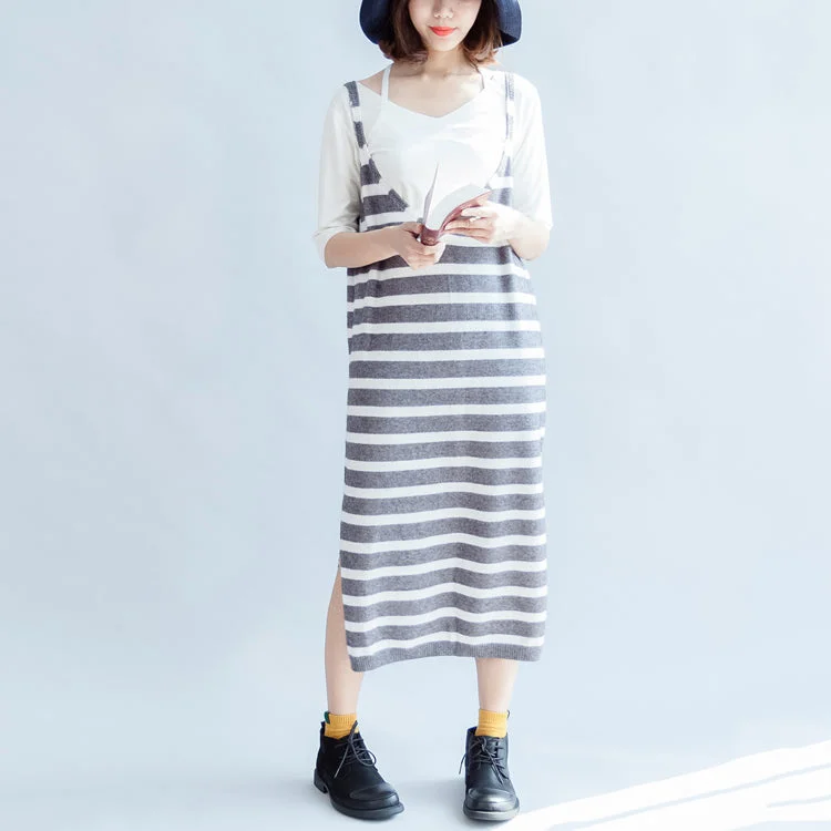 Lace women's sweater2025 new fashion gray white striped sweater sleeveless dresses loose  casual dress side open