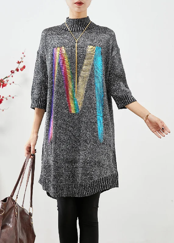 Affordable women's sweaterChic Grey Stand Collar Sequins Knit Sweater Dress Half Sleeve