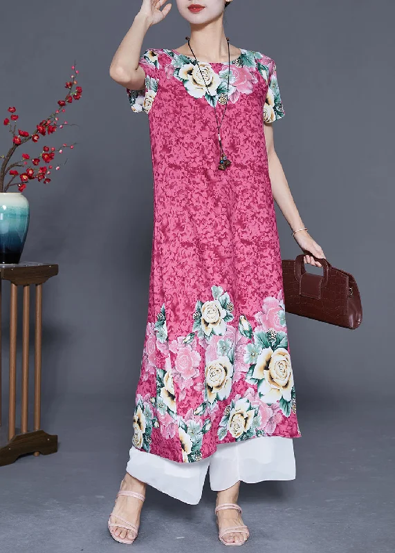 Plunging neckline dresses for womenBeautiful Pink Oversized Print Cotton Holiday Dresses Summer