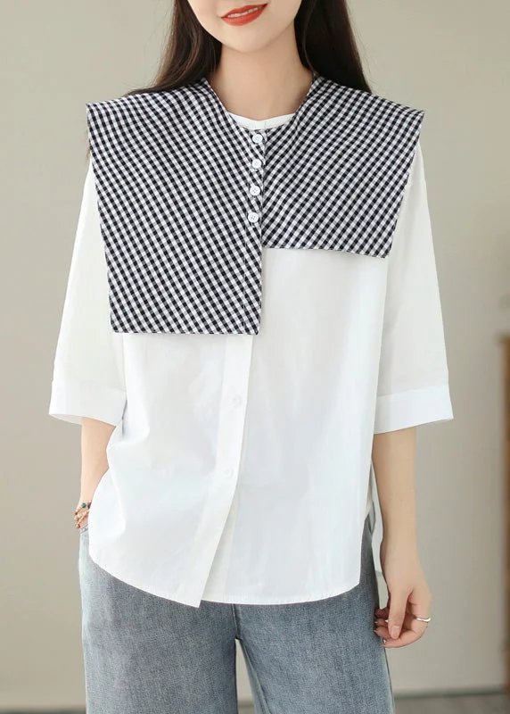 Bohemian women's topsOrganic White Plaid Button Shawl And Shirts Two Pieces Set Summer