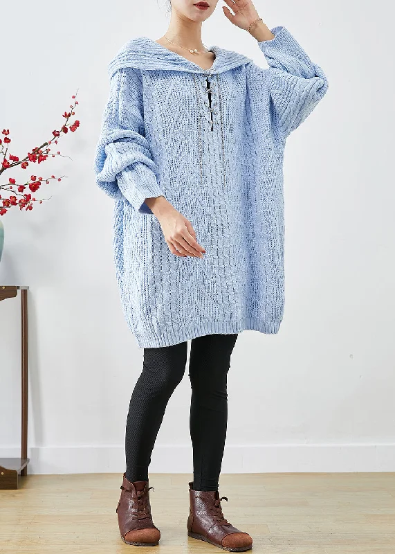 Bohemian women's sweaterChic Sky Blue Hooded Oversized Knit Sweater Dress Fall