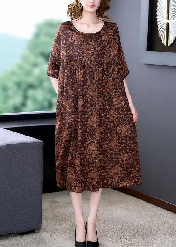 Bell sleeve dresses for womenPlus Size Red O Neck Print Wrinkled Patchwork Silk Dress Summer
