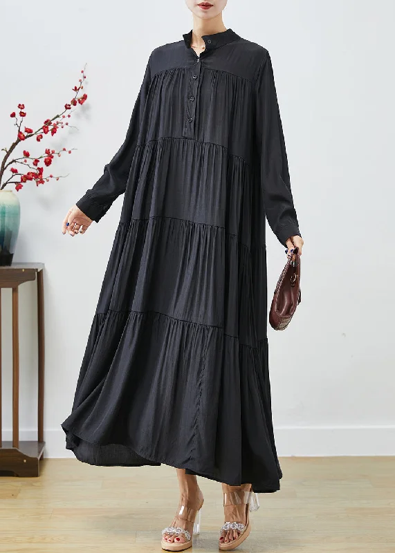 Little red dresses (LRDs) for womenFrench Black Oversized Patchwork Wrinkled Cotton Dress Fall