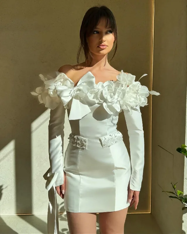 Mini dresses for womenPretty Floral White Sheath Women Mini Maxi Dresses Full Sleeves Cute Bow Short Female Cocktail Party Dresses