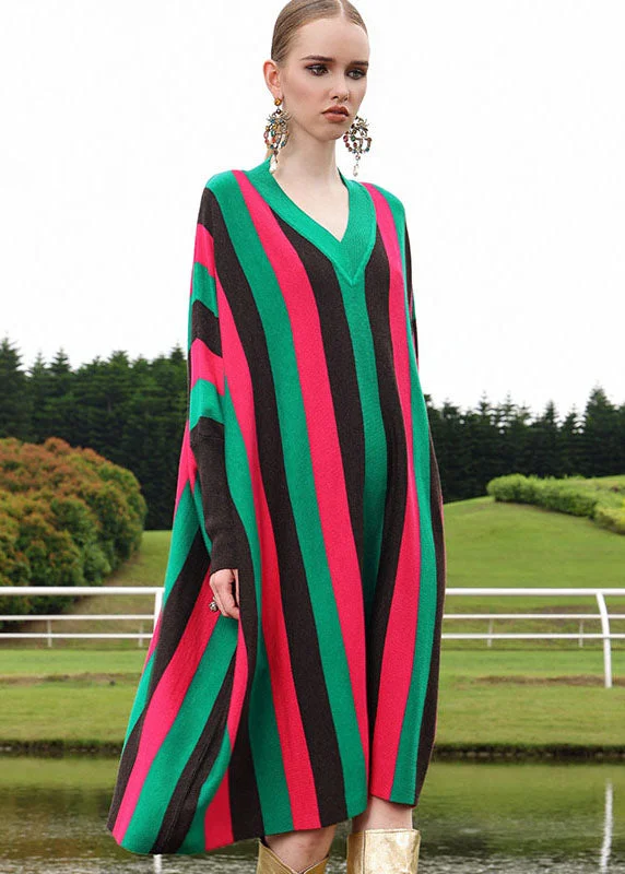 Merino wool women's sweaterFine Red V Neck Striped Woolen Long Sweater Dress Long Sleeve