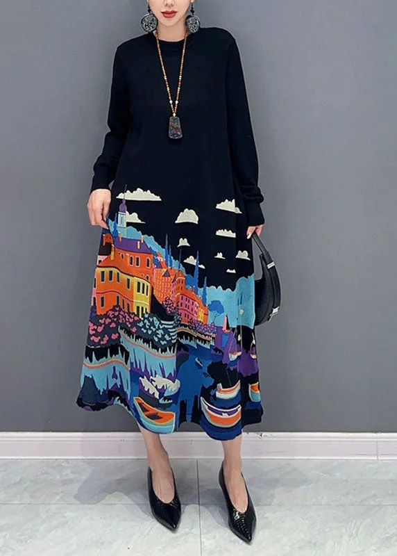 Scoop neck women's sweaterBeautiful Black O-Neck Print Knit Long Sweater Dresses Fall