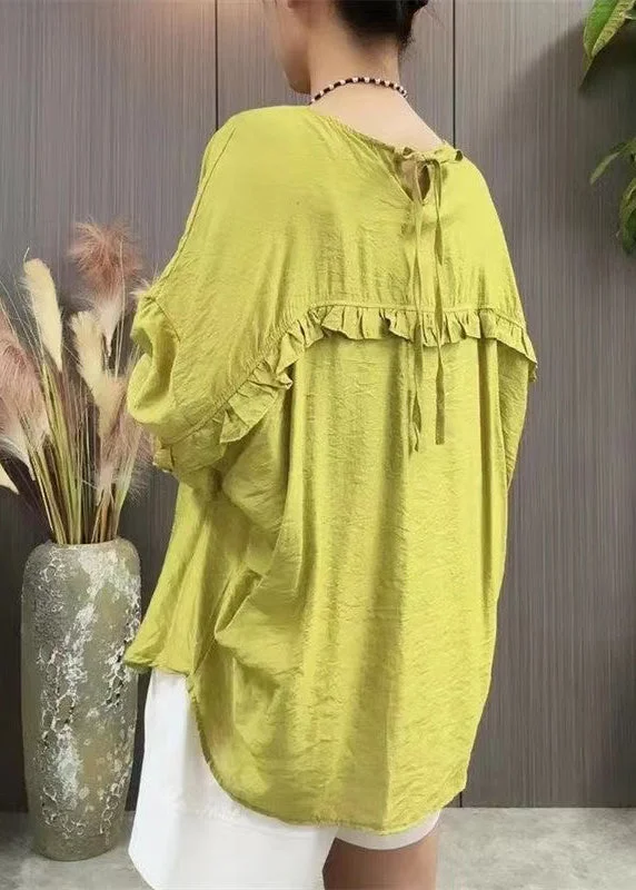 Wrinkle-resistant women's topsWomen Green Ruffled Lace Up Linen T Shirt Batwing Sleeve